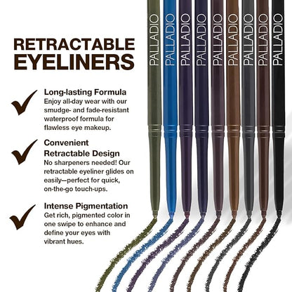 Palladio Retractable Waterproof Eyeliner, Richly Pigmented Color and Creamy, Slip Twist Up Pencil Eye Liner, Smudge Proof Long Lasting Application, All Day Wear, No Sharpener Required, Deep Blue