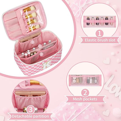 OCHEAL Makeup Bag for Women, Monogram Cosmetic Bag with Brush Holder, Pink Travel Makeup Case Beauty Toiletry Bag Organizer Personalized Gifts for Girls Bridesmaid, Sister, Wife, Friends Initial K