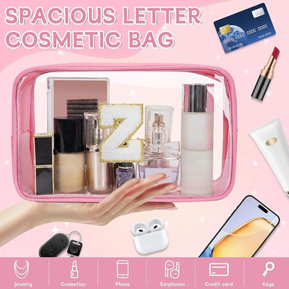Personalized Initial Clear Makeup Bag, Travel Chenille Patch Cosmetic Bag, Preppy Toiletry Bag Monogram Cosmetic Pouch with Zipper, Ideal Gift for Teen Girls Women (Clear-Pink, Z)