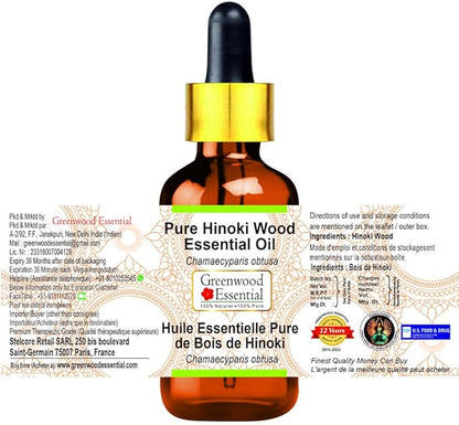 Greenwood Essential Hinoki Essential Oil (Chamaecyparis obtusa) with Glass Dropper | Pure | Non-Sticky | Non-Greasy | Lightweight | Men & Women | All Skin Types | Steam Distilled 5ml (0.16 oz)
