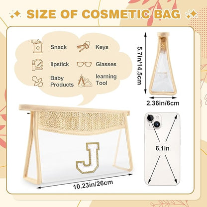 Personalized Initial Letter Bag Boho Straw Clear Makeup Bag,Small Cute Chenille Varsity Letter Pouch With Zipper,Beach Travel Toiletry,Portable Monogrammed Cosmetic Bag for Women Girls,J