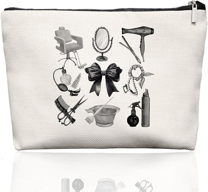 Black & White Hairstylist Makeup Bag, Aesthetic Salon Travel Organizer, Cosmetology Student Gifts for Women, Hairdresser Accessories Pouch for Teen Girls, 7.5 x 10 in