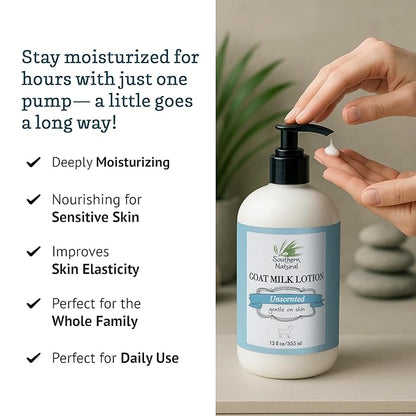 Southern Natural Goat Milk Lotion – Nourishing Face, Body & Hand Moisturizer for Dry & Sensitive Skin - Hydrating Cream, Gentle Skincare for Soft & Smooth Feel - Unscented 12oz