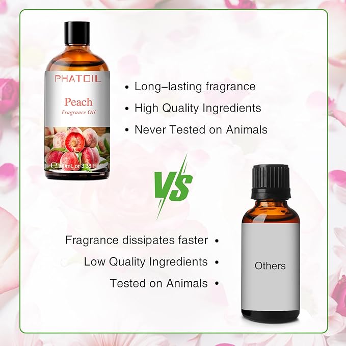 PHATOIL 3.38FL.OZ Peach Fragrance Oils for Aromatherapy, Essential Oils for Diffusers for Home, Perfect for Diffuser, Yoga, Skin Care, DIY Candle and Soap Making - 100ml