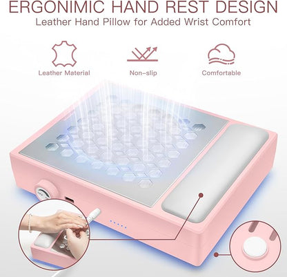 Madenia Powerful Nail Dust Collector - Brushless Quiet Vacuum Suction Fan Extractor with Hand Pillow 2 Filters 1 Brush, Nail Dust Cleaner Machine for Acrylic Gel Nail Polishing Nail Tech Use, Pink