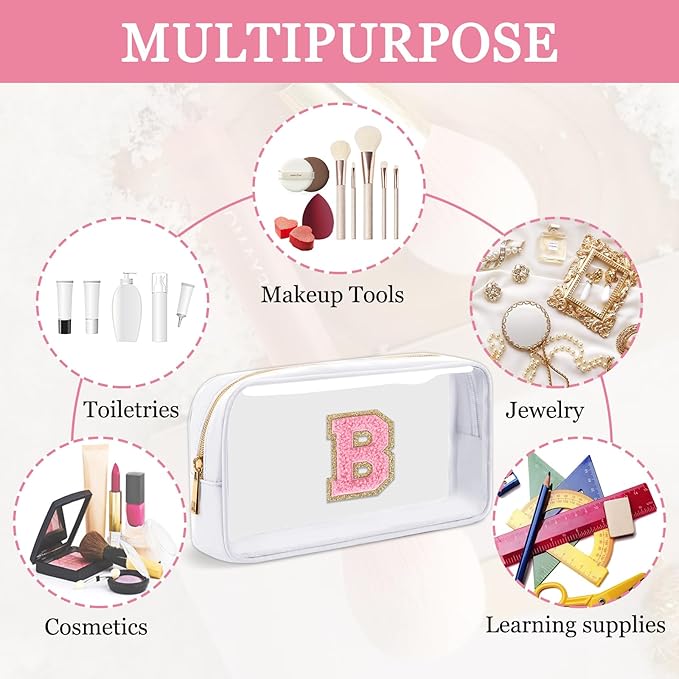 Small Clear Personalized Initial Makeup Bag,Nylon Preppy A-Z Chenille Letter Patch Cosmetic Pouch Beach Toiletry Bag,Waterproof Zipper Travel Purse Storage Bag Organizer for Women Girls(White-Pink B)