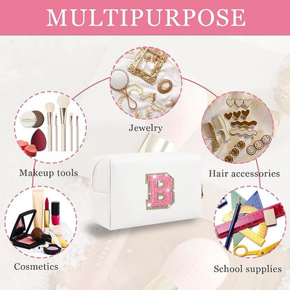 Personalized Initial Letter Makeup Bag, Preppy Glitter Letter Patch Cosmetic Pouch Zipper,PU Waterproof Travel Toiletry Bag Cute Makeup Organizer Monogrammed Make Up Bag,Gift for Women Girls(Letter B)