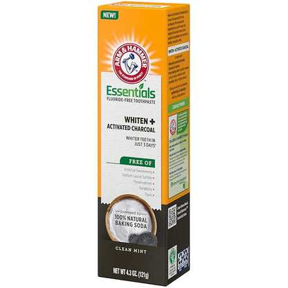 ARM & HAMMER Essentials Fluoride-Free Toothpaste Whiten + Activated Charcoal-12 Pack of 4.3oz Tubes, Clean Mint- 100% Natural Baking Soda