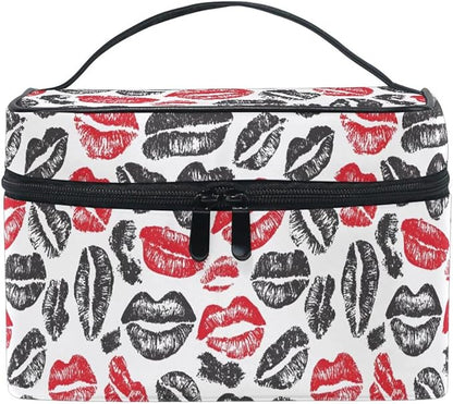 Makeup Train Case Valentines Lips Mouth Pattern Carrying Portable Zip Travel Cosmetic Brush Bag Organizer Large for Women