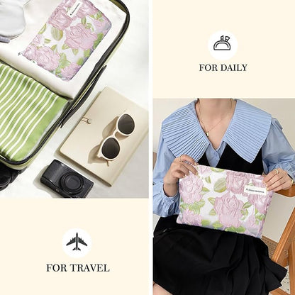 STARDW Aesthetic Floral Makeup Bag Cute Small Cosmetic Bags for Women Girls, Travel Toiletry Bag Large Capacity Zipper Makeup Pouch, Purse Organizer Pouches (Embossed Rose)