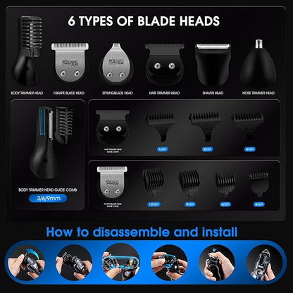 DSP Men's Grooming Kit, Beard Trimmer for Men, Nose Trimmer, Body Trimmer, Foil Shaver, T-Blade, Mustache, Cordless Hair Trimmer, IPX6 Waterproof,2 Speeds Adjustable, Gift for Men (Blue)