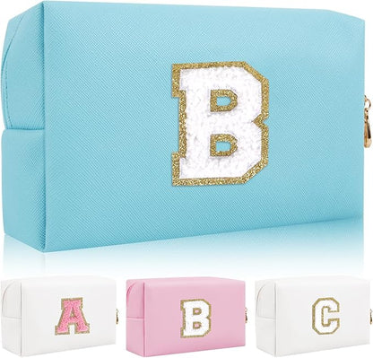 Personalized Initial Letter Patch Makeup Bag, Preppy Portable Chenille Cosmetic Bag with Zipper, PU Leather Waterproof Travel Toiletry Bag Monogram Make Up Pouch for Women Girls