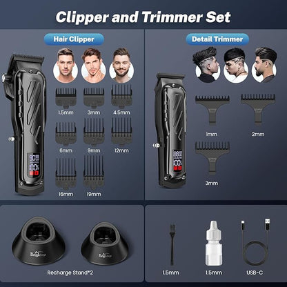 Brightup Barber Hair Clippers [Brushless 9000RPM & Cordless] for Men, Professional Clippers & Trimmers Set with USB-C Charging Stand, Hair Tools Cutting Kit with LCD Display, Gift for Men