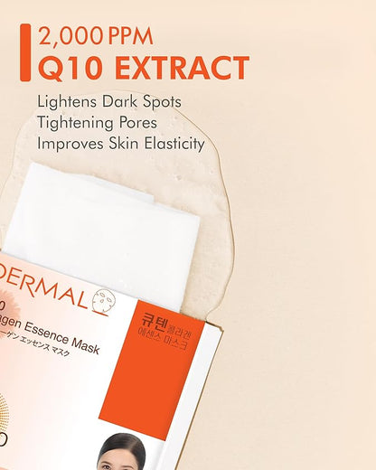 DERMAL Q10 Collagen Essence Facial Mask Sheet 23g Pack of 10 - Coenzyme Q10, Anti Wrinkle and Anti Aging, Skin Elasticity, Daily Skin Treatment Solution Sheet Mask