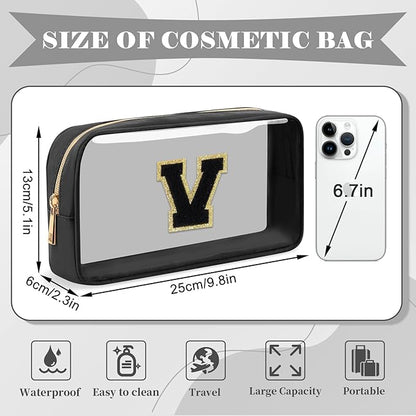 Personalized Initial Letter Clear Makeup Bag,Preppy Small Nylon&PVC Cosmetic Zipper Bag with Chenille Letter,Travel Skincare Toiletry Bag,Monogram Christmas Gift for Teen Girls Women,V