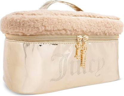 Juicy Couture Gold Makeup Bag Cosmetics Organizer Travel Essentials Train Case Shiny Rhinestones Faux Shearling