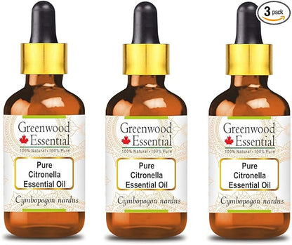 Greenwood Essential Pure Citronella Essential Oil (Cymbopogon nardus) with Glass Dropper Steam Distilled (Pack of Three) 100ml X 3 (10.1oz)