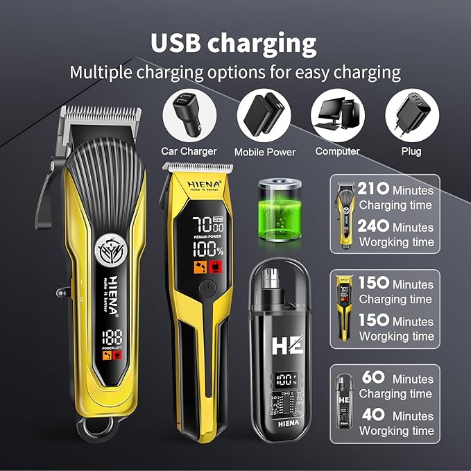 HIENA PRO Hair Clipper Set for Men, Professional Cordless Clipper Kit & Trimmer Set, Ear and Nose Hair Clipper with LED Display, USB Rechargeable Hair Cutting Grooming Kit, Gifts for Men