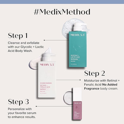 MEDIX Exfoliating Glycolic Acid Body Wash & Face Wash + Fragrance Free Retinol Body Lotion Skin Care Set | Crepey Skin Care Treatment | Lactic Acid Foaming Wash For KP Bumps, Keratosis Pilaris & Acne