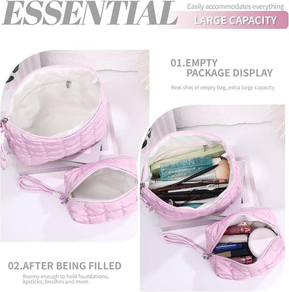 Richeart Makeup Bag Travel Toiletry Bag - Checkered Down Cotton Makeup Pouch for Women with Cosmetic and Pencil, Aesthetic Pink Design, Small