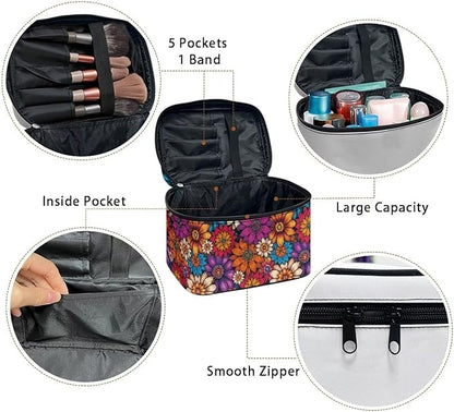 Vibrant Hippie Flower Pattern Travel Makeup Bags for Women Portable Tote Cosmetic Case with Carry Handle Toiletry Accessories Storage Organizer Bags