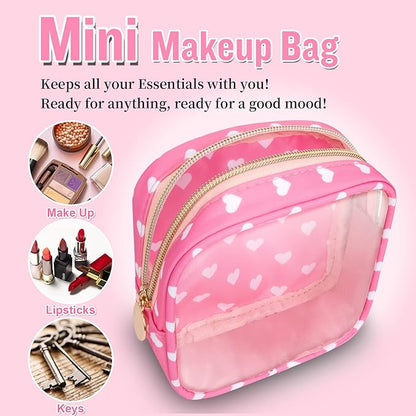 Mini Clear Travel Makeup Organizer Bag for Purse, Small Cute Preppy Pink Makeup Bag Cosmetic Zipper Pouch Purse, Transparent PVC & Nylon Waterproof Toiletry Storage Clutch for Women Girls(Pink Heart)