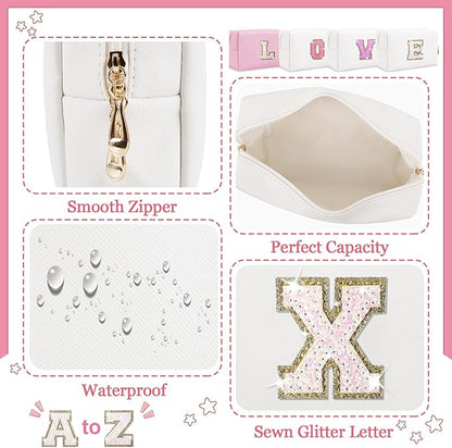 Initial Letter Patch Makeup Bag, Preppy Glitter Letter Pouch Cosmetic Bag,Small PU Travel Toiletry Bag Zipper,Personalized Monogrammed Gift for Friends Sister,Cute Stuff for Women Teen Girls(Letter X)
