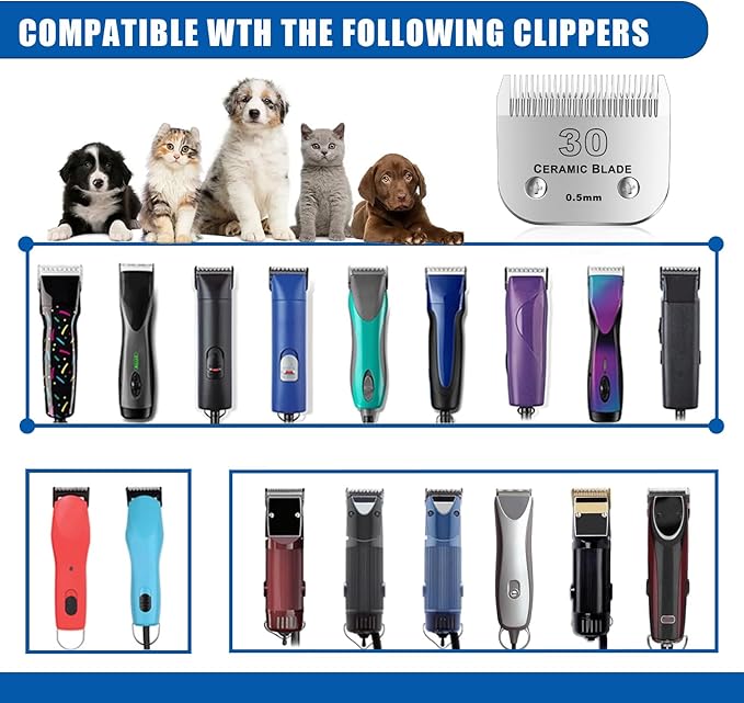 30# Detachable Pet Dog Grooming Clipper Ceramic Blade,Compatible with Andis Size 30 Cut Length 1/50"(1.5mm),Compatible with andis/wahl/Oster Dog Clippers 2PCS