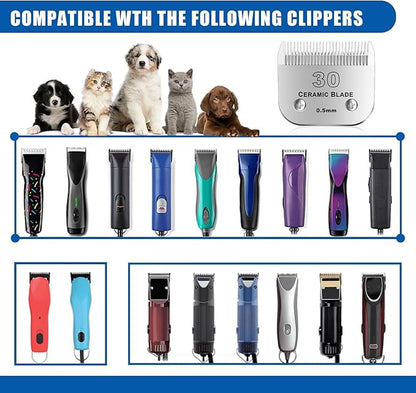 30# Detachable Pet Dog Grooming Clipper Ceramic Blade,Compatible with Andis Size 30 Cut Length 1/50"(1.5mm),Compatible with andis/wahl/Oster Dog Clippers 2PCS