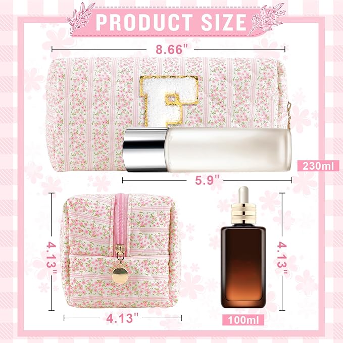 Personalized Quilted Cosmetic Bag, Puffy Monogrammed Christmas Birthday Gifts for Women & Girls, Cute initial Floral Makeup Bag Puffer Coquette Bag, Aesthetic Travel Toiletry Zipper Pouch(Pink,F)