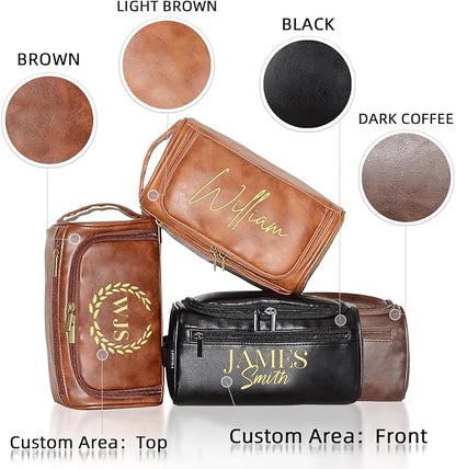 Personalized Toiletry Bag for Men, Engraved Name Initials Toiletry Bag, Customized Monogram Travel Shaving Dopp Kit for Groomsmen, Gift for Christmas, Birthday, Dad, Husband, Grandpa (Light Brown)