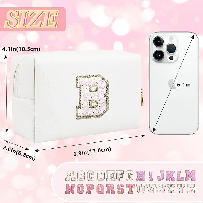 Personalized Initial Letter Makeup Bag, Preppy Glitter Letter Patch Cosmetic Pouch Zipper,PU Waterproof Travel Toiletry Bag Cute Makeup Organizer Monogrammed Make Up Bag,Gift for Women Girls(Letter B)