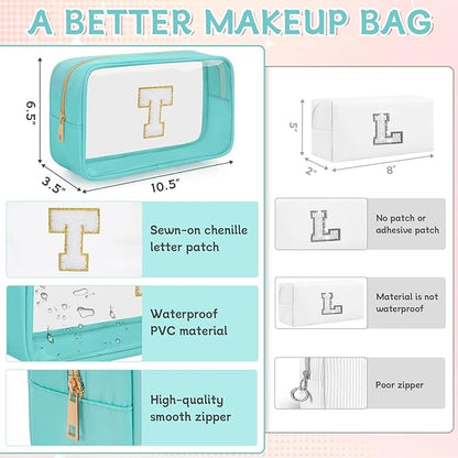 Personalized Initial Clear Makeup Bag, Travel Chenille Patch Cosmetic Bag, Preppy Toiletry Bag Monogram Cosmetic Pouch with Zipper, Ideal Gift for Teen Girls Women (Clear-Green, T)