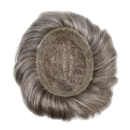 Mens Toupee Human Hair Piece French Lace Toupee for Man Hair System Indian Human Hair Replacement Systems V-Looped PU Front Hairpieces 7"X9" #365 Dark Brown with 65% Gray