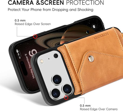 LUCKYCOIN Crossbody Wallet Phone Case for iPhone 17 Pro Max,100% Genuine Leather Wallet Phone Case with Expandable Flip Card Holder,Phone Purse for Women with Adjustable Removable Strap - Brown