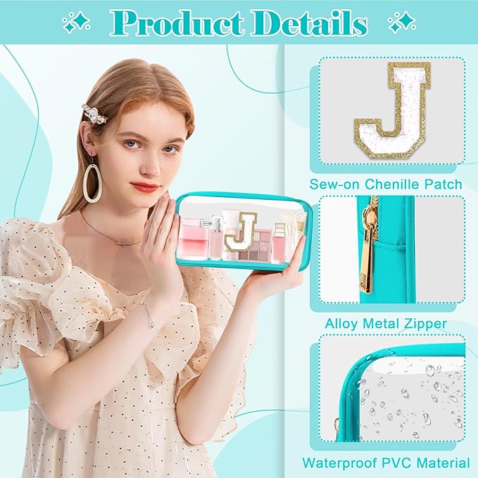 Personalized Initial Letter Clear Makeup Bag,Preppy Small Nylon&PVC Cosmetic Zipper Bag with Chenille Letter,Portable Beach Travel Skincare Toiletry Bag,Trendy Monogram Gift for Teen Girls Women,J