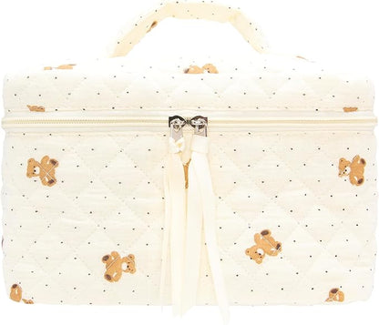 PAZIMIIK Quilted Makeup Bag Large Travel Zipper Soft Cosmetic Case for Women Girls Make Up,Gauze Bear