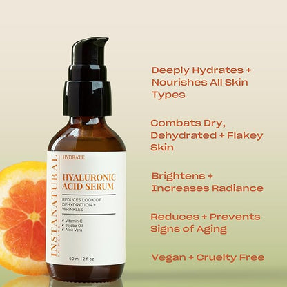 InstaNatural Hyaluronic Acid Serum for Face, Brightens, Hydrates, Reduces the Look of Fine Lines and Wrinkles, with Vitamin C, Jojoba Oil, and Aloe Vera, 2 Fl Oz