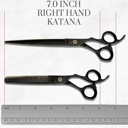 7" Black Saki Shears Katana Set of Professional Hair Scissors for Professional Use - Includes Cutting Scissors, Thinning Shears, Razor and Leather Case (7" Set of Hair Shears)