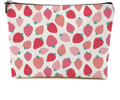 Cute Pink Strawberry Makeup Bag Retro Fruit Cosmetic Bag Friend Friendship Gifts for Women Girls Sister Bestie Coworker Travel Organizer Zipper Pouch Christmas Thanksgiving Birthday Gifts