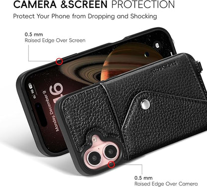 LUCKYCOIN Crossbody Wallet Phone Case for iPhone 16,100% Genuine Leather Wallet Phone Case with Expandable Flip Card Holder,Phone Purse for Women with Adjustable Removable Strap - Pebble Black