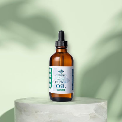 Genesis Holistic Health Organic Castor Oil – 100% Pure, Cold Pressed, Hexane Free – Nourishing Hair & Skin Oil – Eyelash & Eyebrow Growth, Deep Moisturizer – 4 oz Glass Bottle
