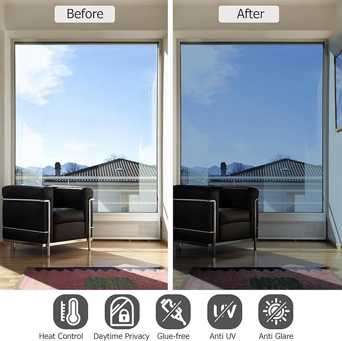 HIDBEA One Way Mirror Window Film,Daytime Privacy Sun Blocking Reflective Window Film Static Cling Heat Control Window Tinting Film for Home and Office, Blue Silver, 17.5 x 78.7 Inch