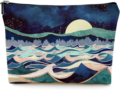Cute Makeup Bag for Purse Canvas Waterproof Funny Cosmetic Bags for Women Zipper Travel Toiletry Pouch-Mountain Makeup Bags-Blue