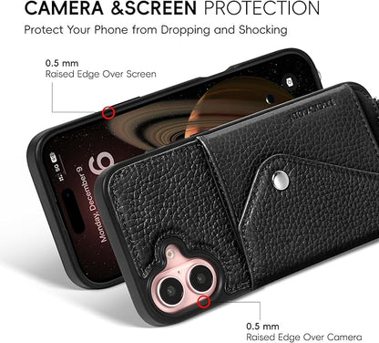 LUCKYCOIN Crossbody Wallet Phone Case for iPhone 16 Plus,100% Genuine Leather Wallet Phone Case with Expandable Flip Card Holder,Phone Purse for Women with Adjustable Removable Strap - Pebble Black