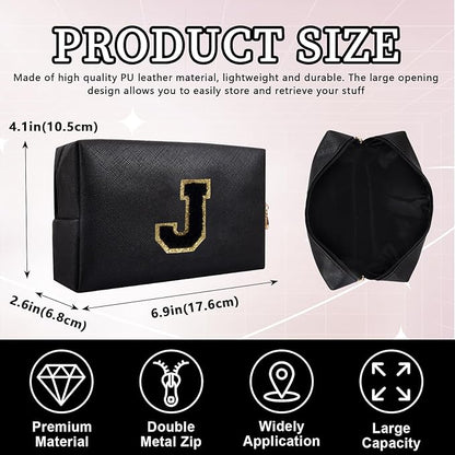Personalized Initial Letter Patch Makeup Bag, Preppy Portable Chenille Letter Cosmetic Bag with Zipper, PU Leather Waterproof Travel Toiletry Bag Monogram Make Up Pouch for Women Girls