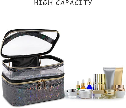 Double-layer Makeup Bag Cosmetic Bag Travel Makeup Cases Organizer Toiletry Bag Gift for Women, Portable Waterproof (Black)