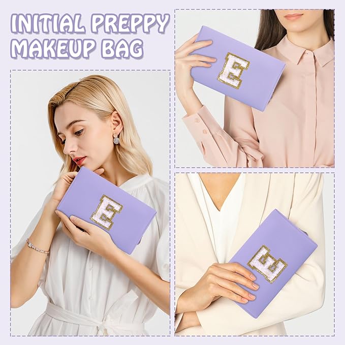 Personalized Chenille Letter Preppy Makeup Bag, Small Purple Initial Cosmetic Organizer Toiletry Zipper Pouch Monogram Make Up Storage, Waterproof PU Make Up Case Travel Essentials for Women(Letter E)