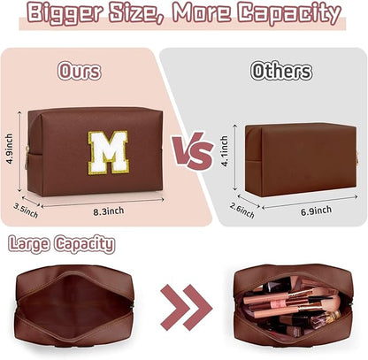 TOPEAST Monogrammed Gifts for Women, Preppy Makeup Bag Small Cosmetic Bag Travel Toiletry Bag, Personalized Birthday Gift for Girl, Wedding Bridal Shower Gifts for Bridesmaids (Brown M)