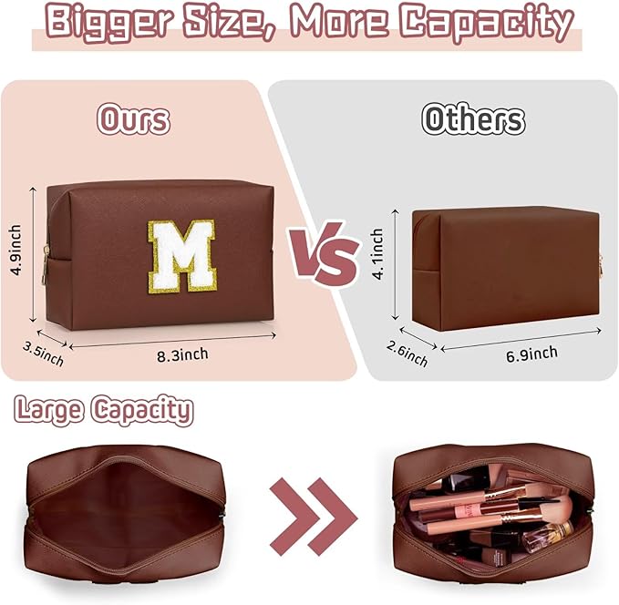 TOPEAST Personalized Birthday Gifts for Women, Preppy Patch Makeup Bag, Chenille Letter Pouch Cosmetic Bag, Travel Organizer, Gifts for Friends, Cute Stuff for Women (Brown L)